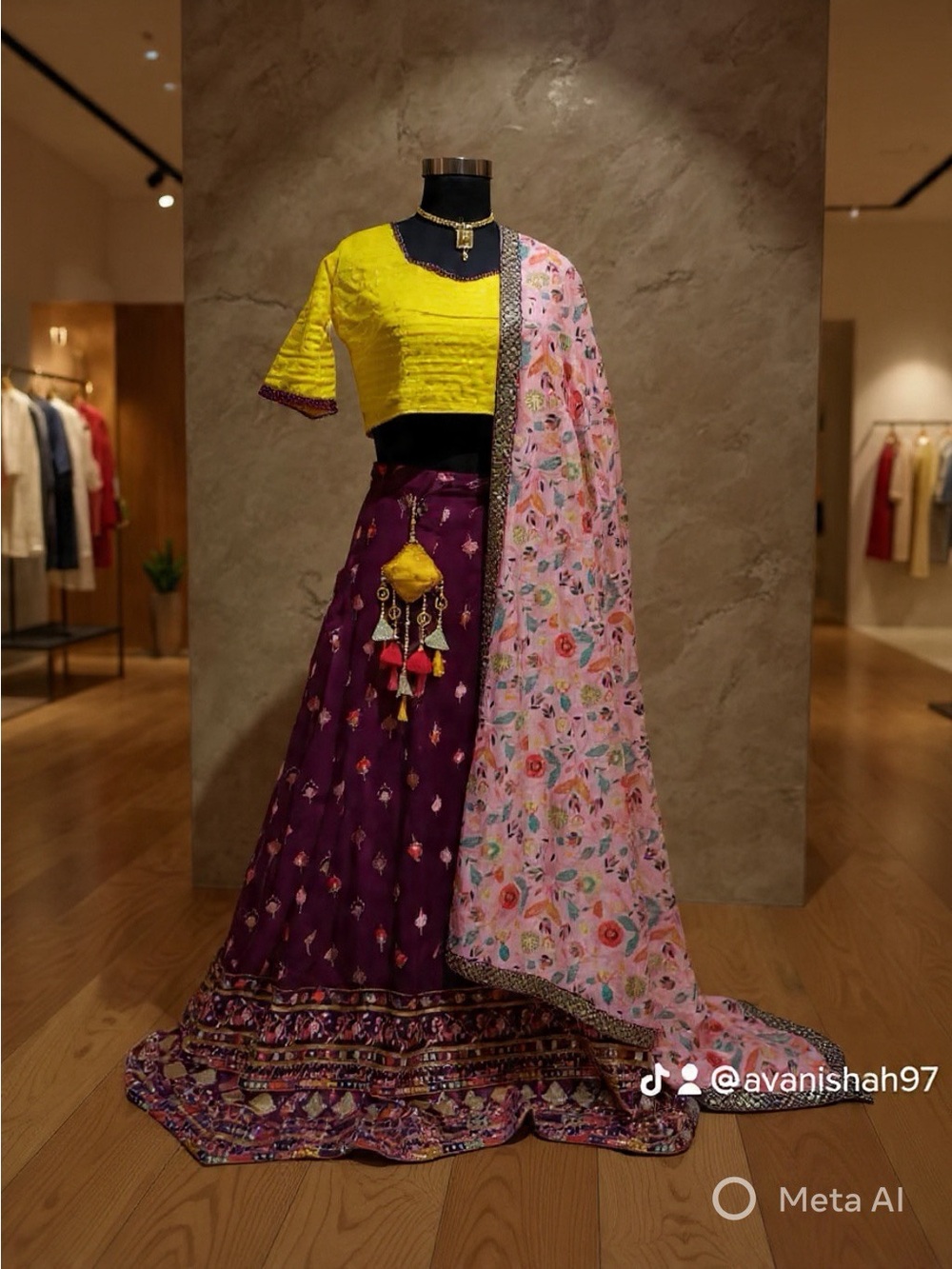 Women's Yellow Blouse with Purple Embroidered Skirt and Pink Floral Dupatta